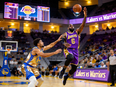 NBA常规赛湖人队对阵勇士队比赛现场照片，球员正在投篮